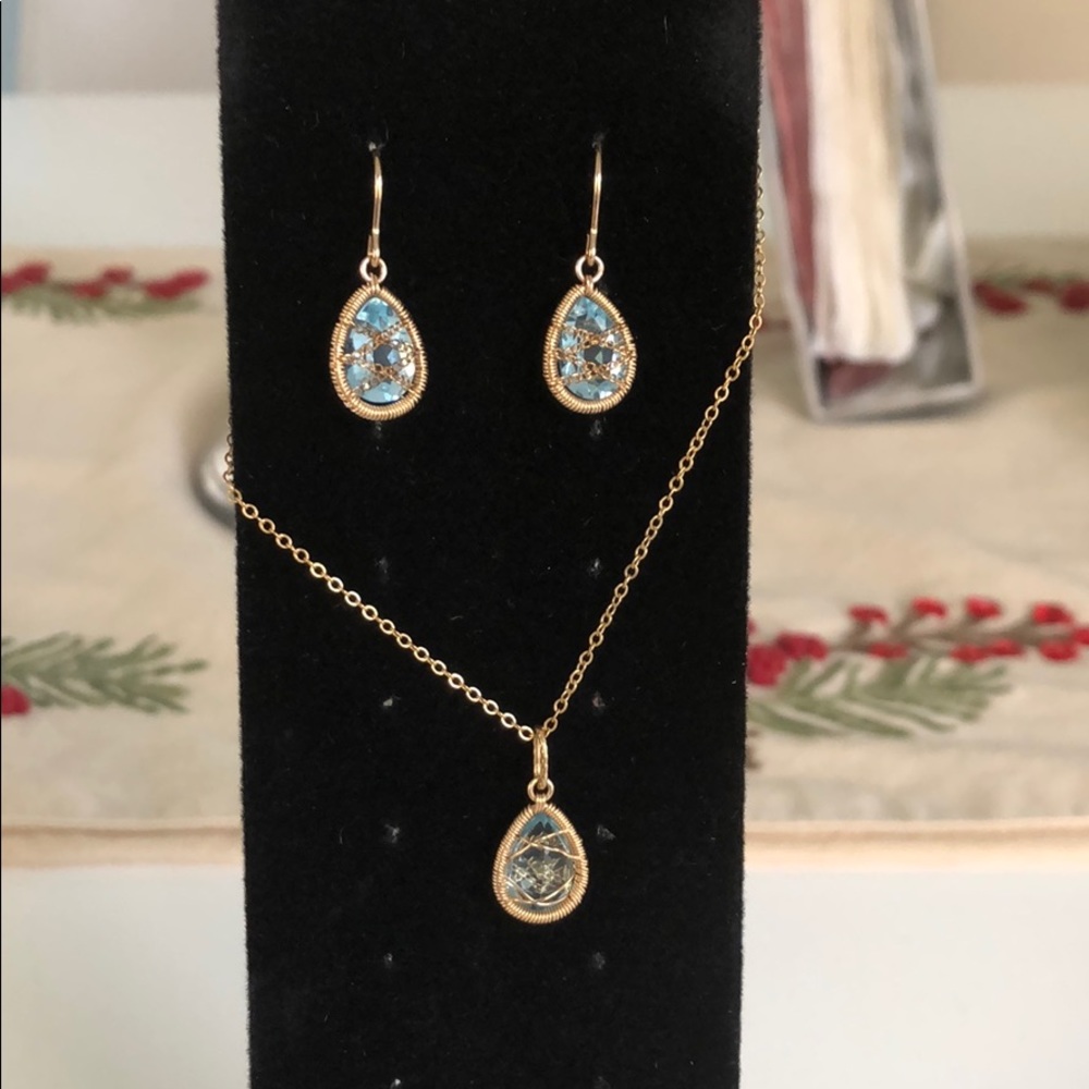 Blue Topaz 14k filled gold necklace and earrings.
